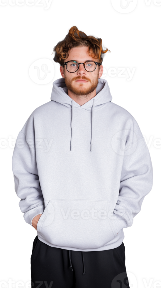 Young man with glasses in casual hoodie, hands in pockets, expressing relaxed style on transparent background png