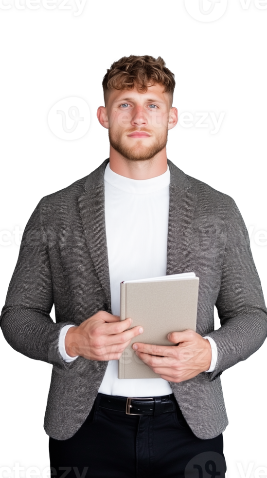 Young man in gray blazer holding a tablet, representing business and technology on transparent background png