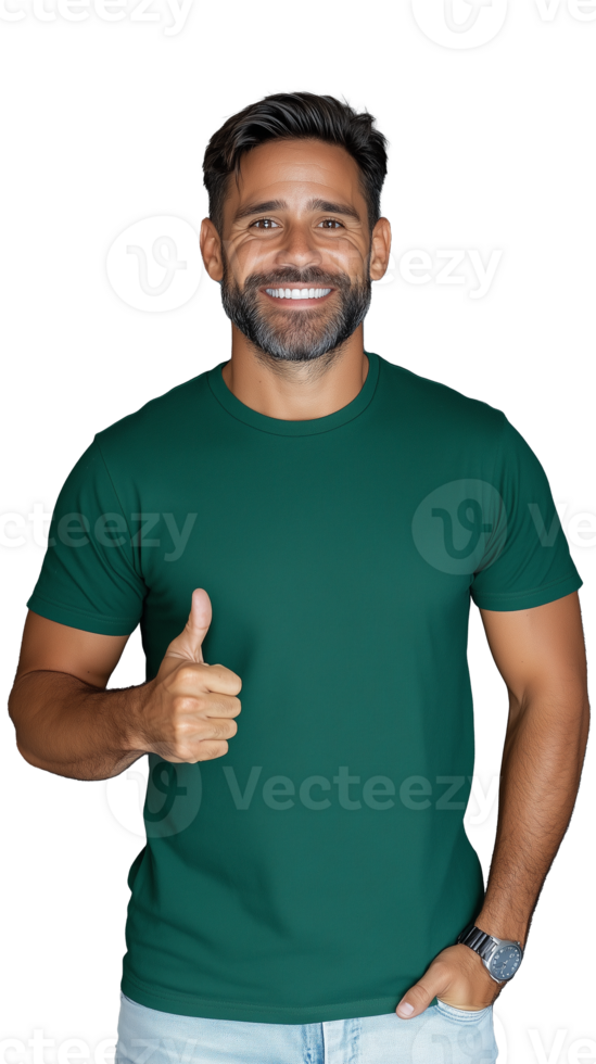 Smiling man in green t-shirt giving thumbs up, showing positivity and approval on transparent background png