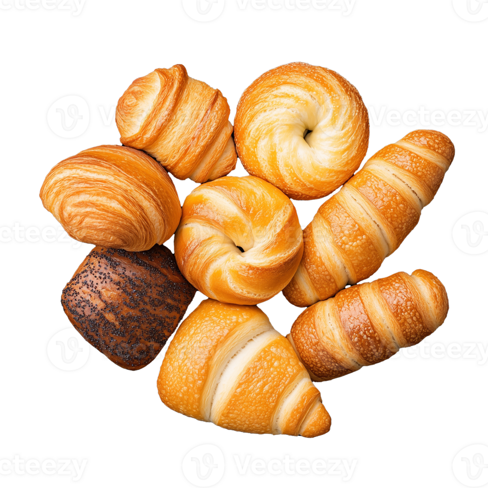 Assortment of croissants and bread rolls, showcasing fresh bakery items on transparent background png