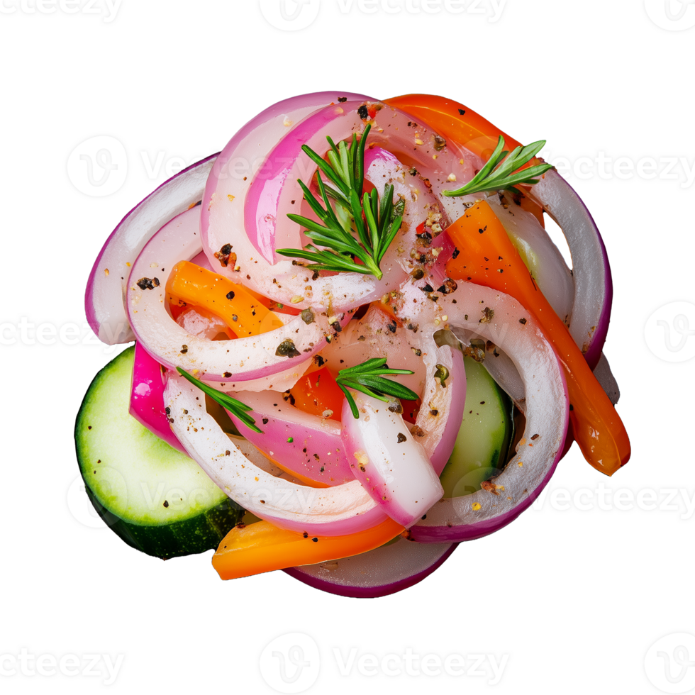 Colorful vegetable salad with onions, cucumbers, and tomatoes, symbolizing freshness and health on transparent background png
