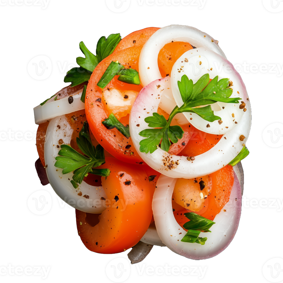 Healthy salad with tomato slices, onions, and parsley, representing a fresh and nutritious dish on transparent background png