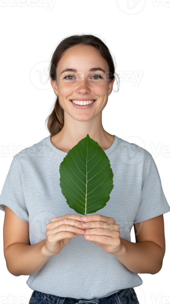 Smiling woman holding a large green leaf, symbolizing nature and eco-friendliness on transparent background png
