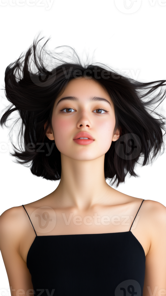 Young woman with flowing dark hair in black top, expressing dynamic style on transparent background png