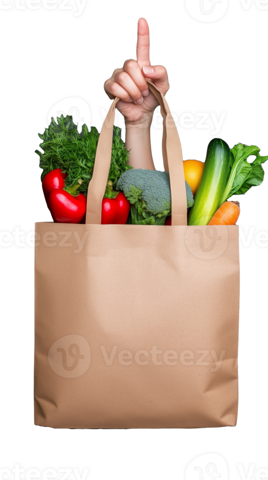 Arm holding paper grocery bag filled with vegetables, representing healthy shopping and eco-friendly choices on transparent background png