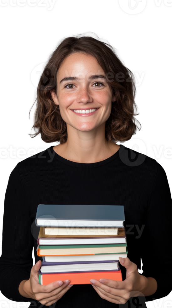 Happy young woman holding stack of books, representing learning and education on transparent background png