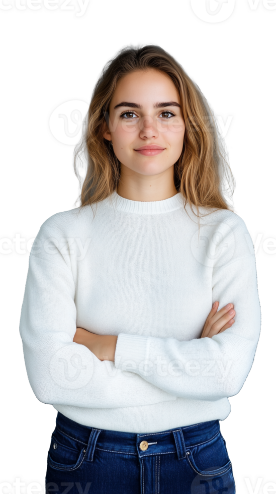 Smiling young woman in white sweater with crossed arms, expressing friendliness and warmth on transparent background png