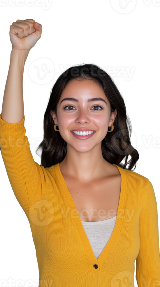 Excited woman in yellow sweater raising fist, symbolizing success and positivity on transparent background png