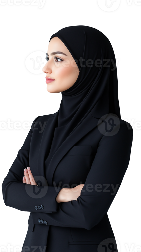 Confident woman in hijab with arms crossed, wearing a formal blazer, representing strength on transparent background png