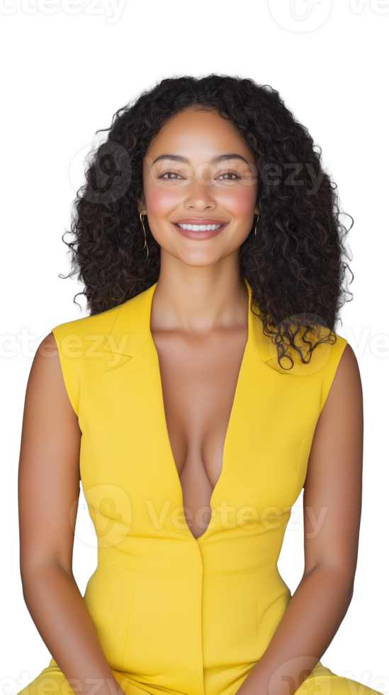 Elegant woman in yellow dress, showcasing confidence and style on transparent background png
