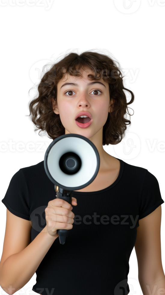 Young woman holding megaphone, expressing confidence and activism on transparent background png