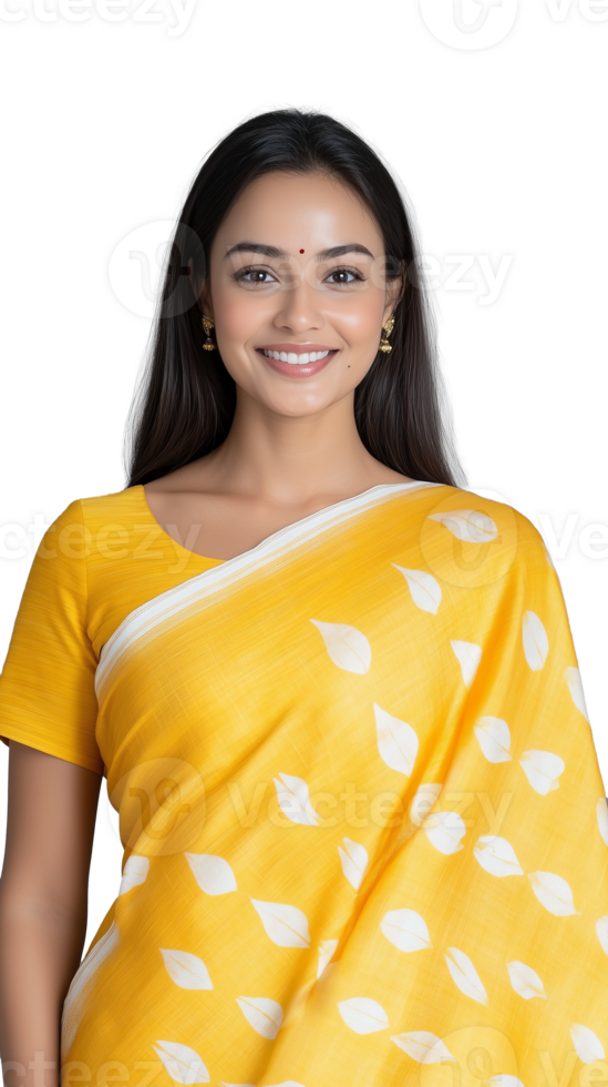 Smiling woman in yellow saree with bindi, representing cultural beauty and joy on transparent background png
