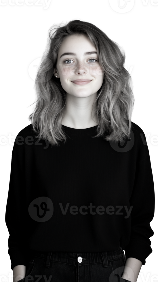 Young woman in black and white portrait, expressing calm and casual style on transparent background png