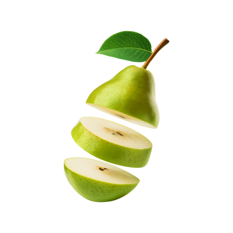Sliced pear fruit with green leaf on transparent background png