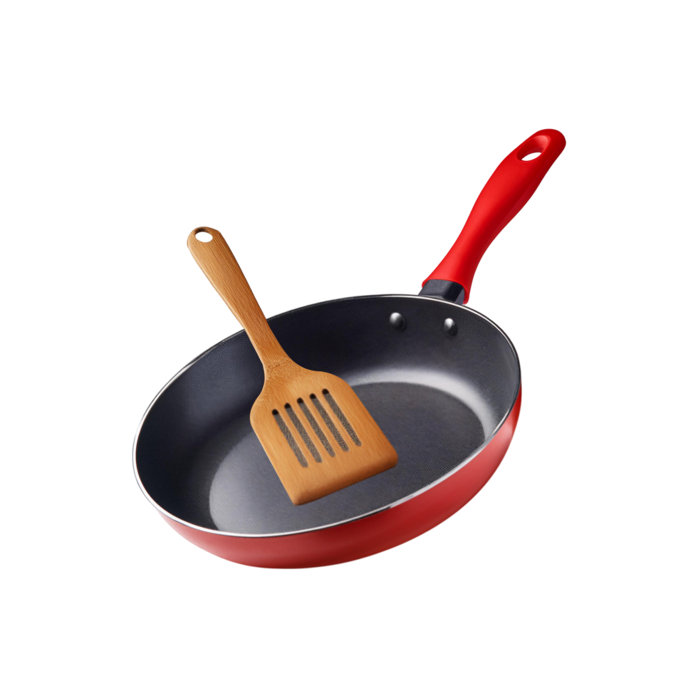 Red handle fry pan with wooden spatula on transparent background png