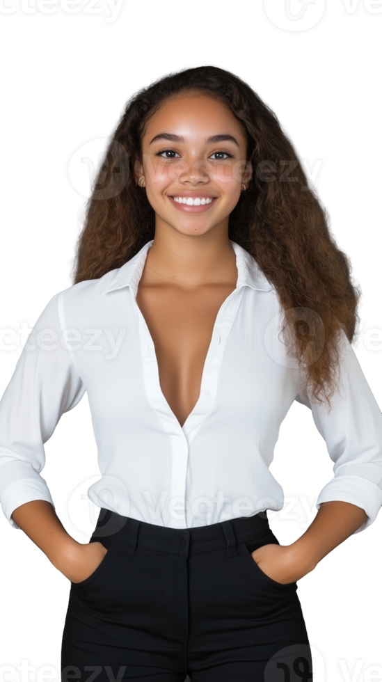 Smiling young woman in white blouse with hands on hips, exuding confidence and positivity on transparent background png