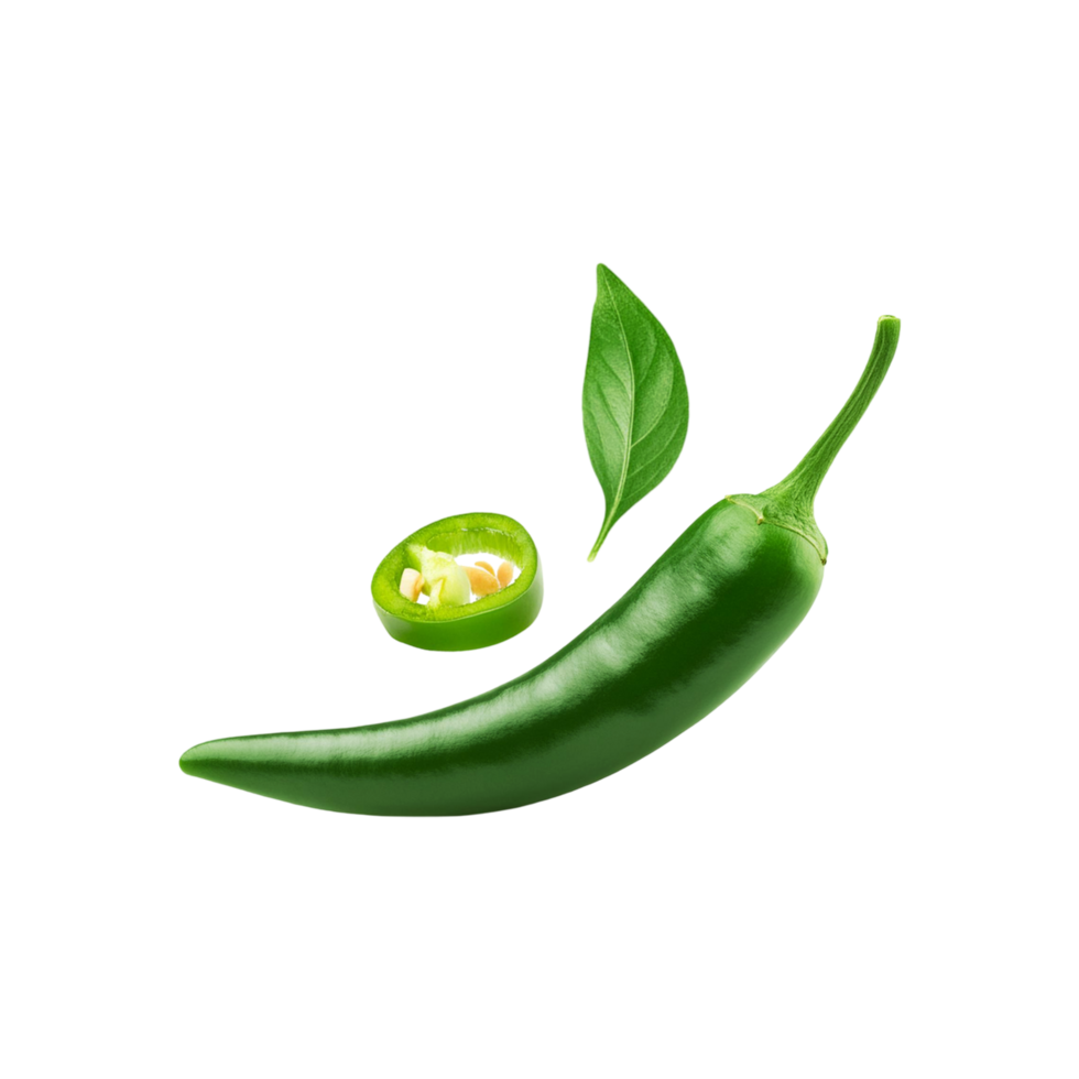 Falling Green chili with slice and leaf on transparent background png