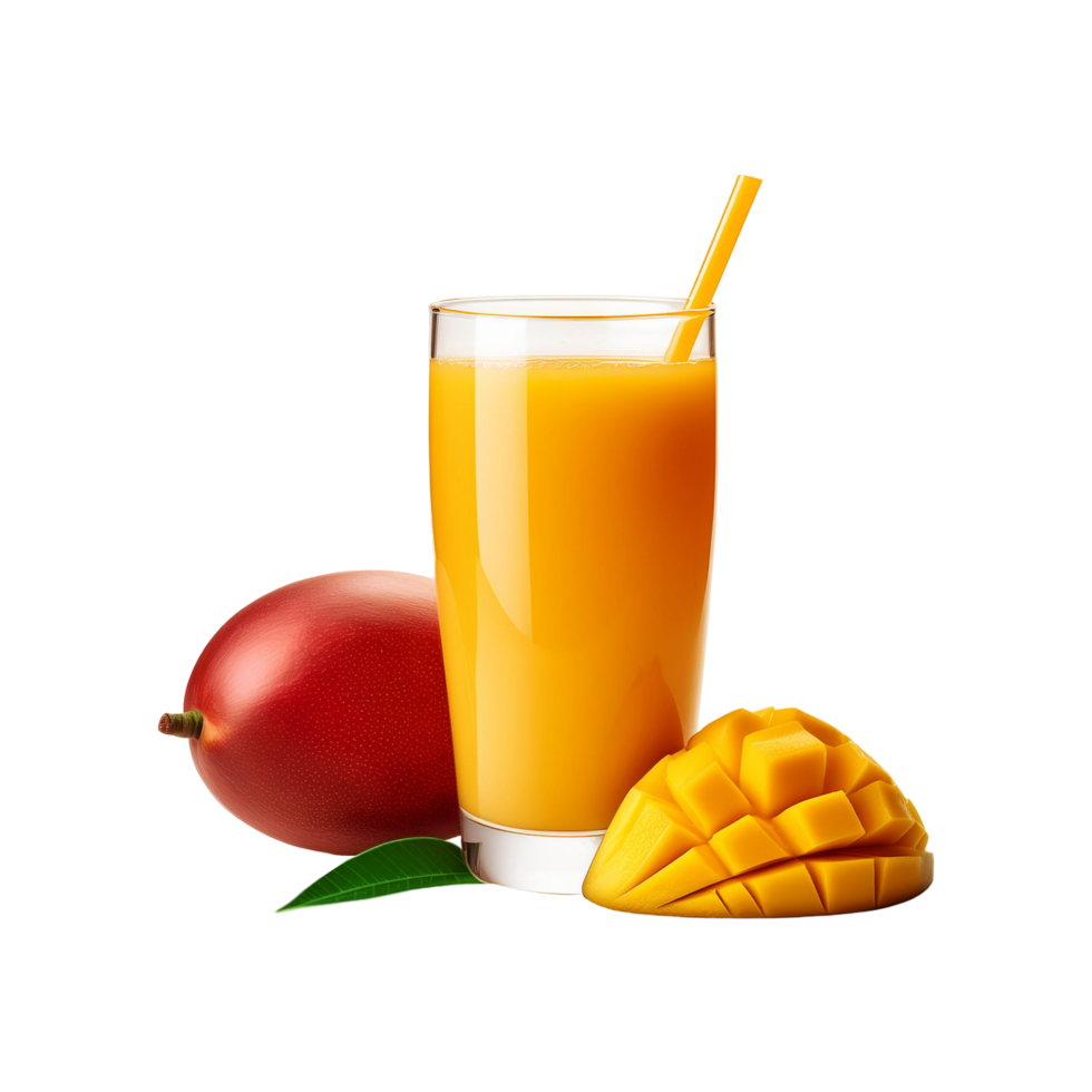 Glass of mango juice with mango slice on transparent background png