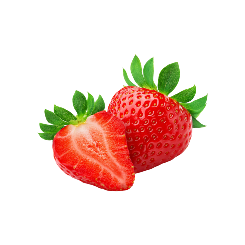 Fresh red strawberry fruit with slice on transparent background png