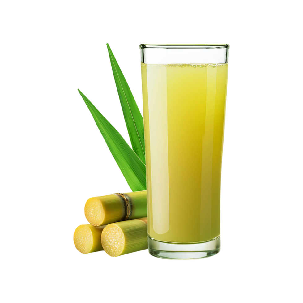 Sugarcane juice glass with sugarcane on transparent background png