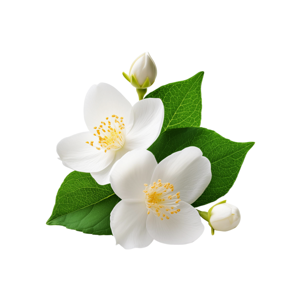 White jasmine flower with green leaf on transparent background png