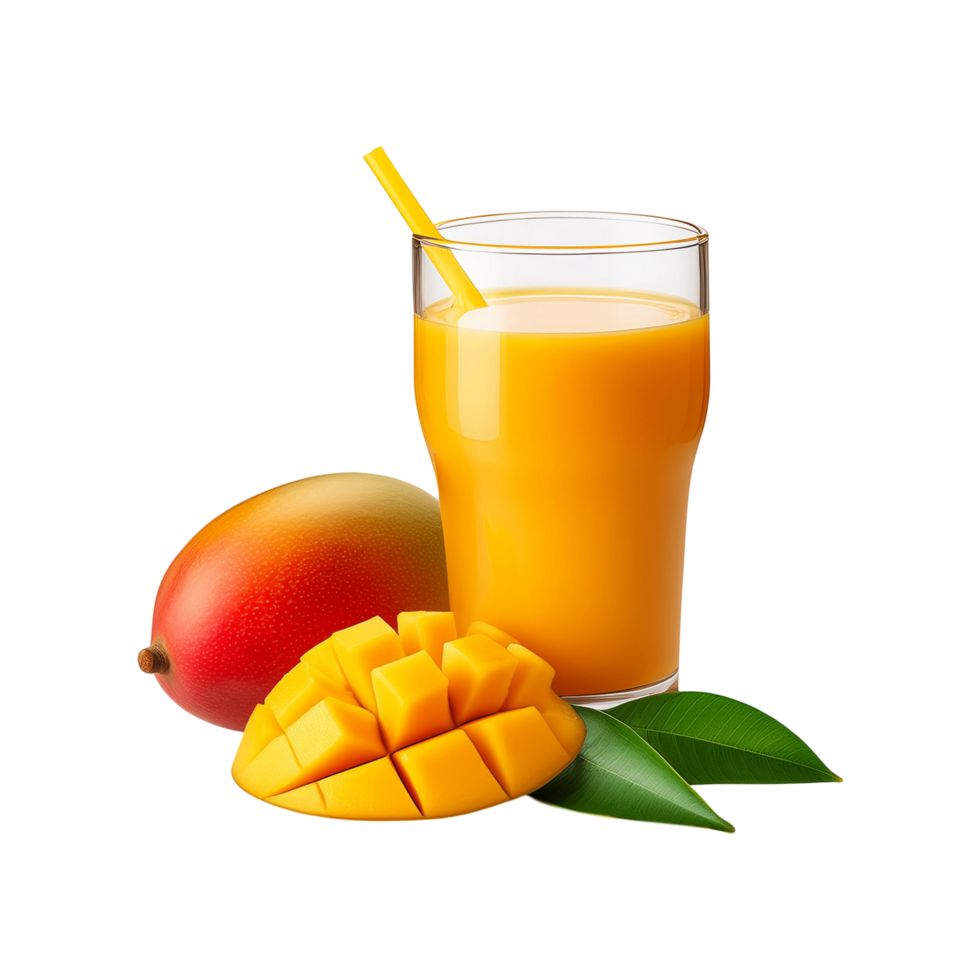 Glass of mango juice with ripe mango slice on transparent background png