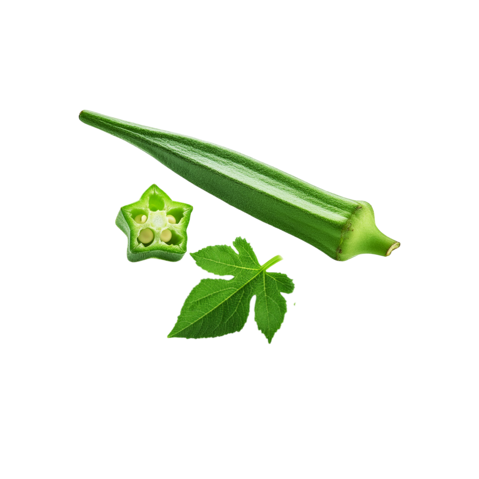 Fallen okra with with slice and green leaf on transparent background png