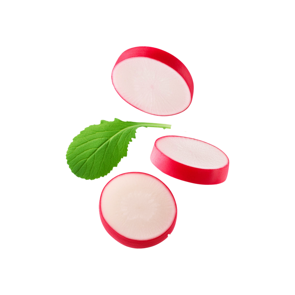 Fallen sliced red radish with green leaf on transparent background png