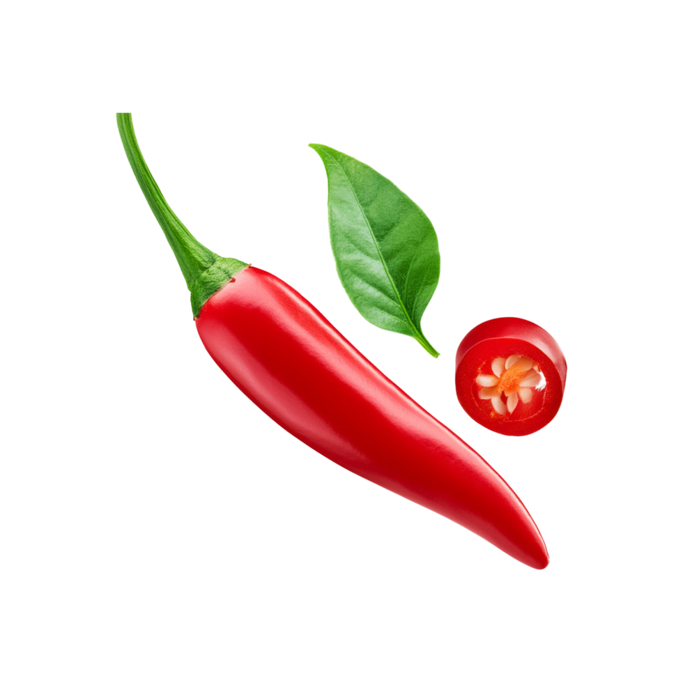 Whole and sliced red chili on transparent background png