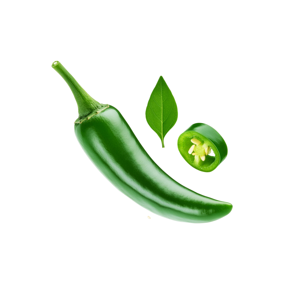 Falling fresh green chili with slice and leaf on transparent background png