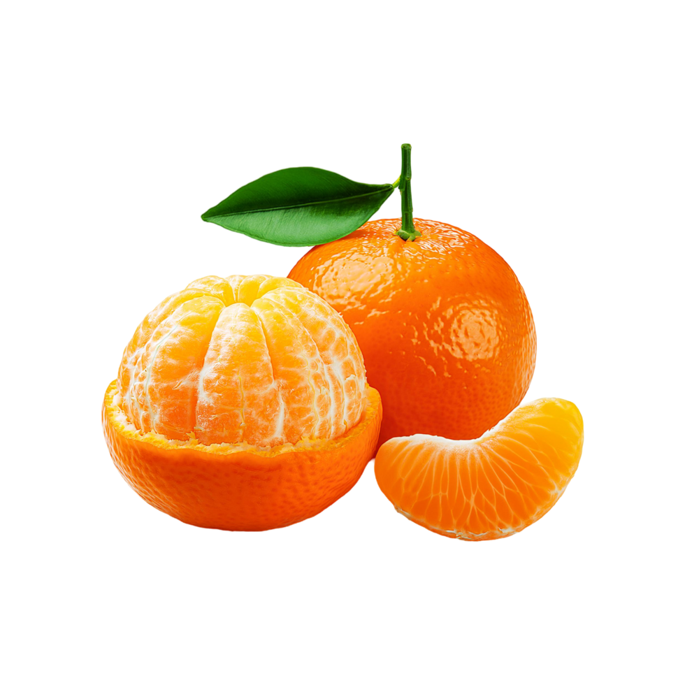Fresh Mandarin orange fruit with slice and green leaf on transparent background png