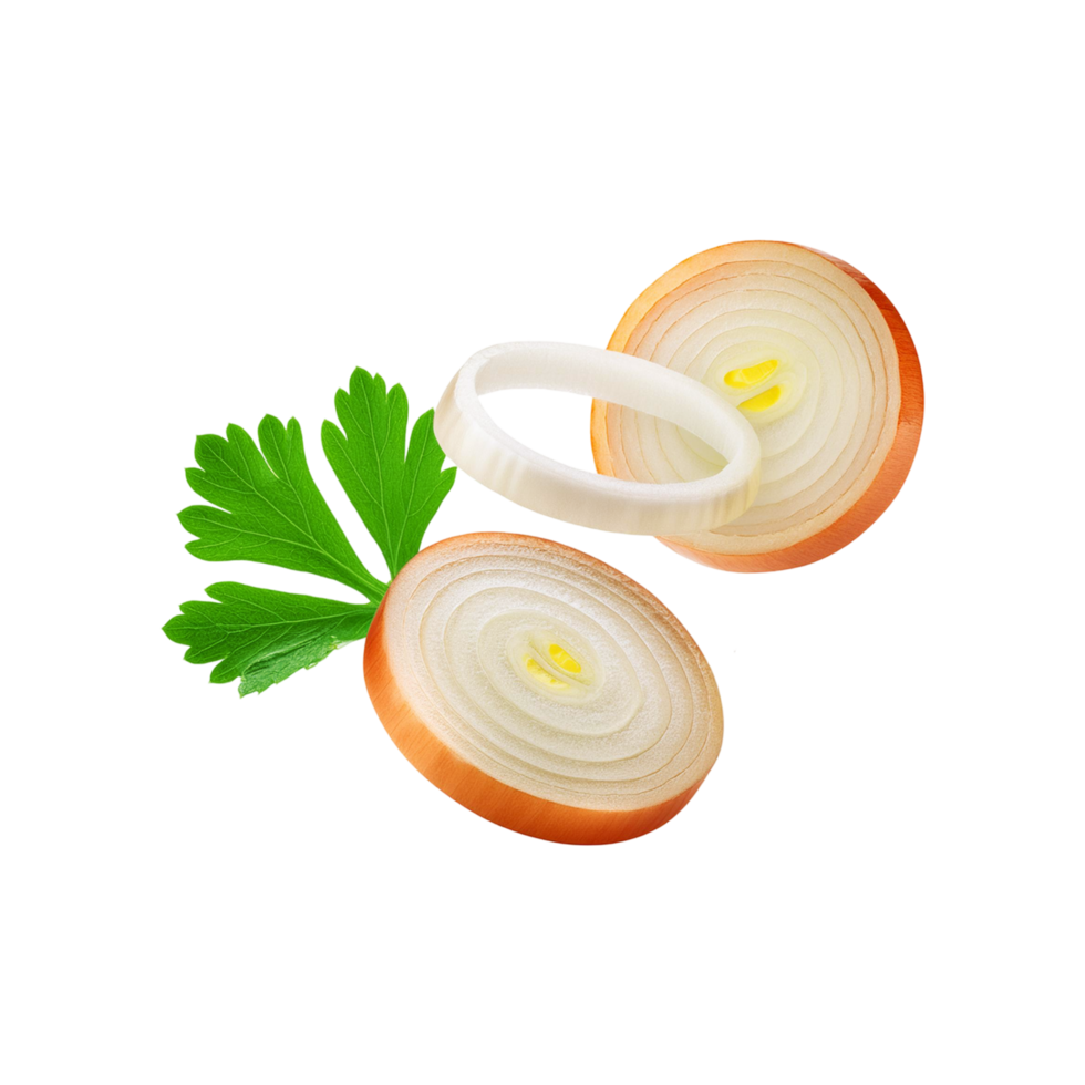 Sliced onion with coriander leaf on transparent background png