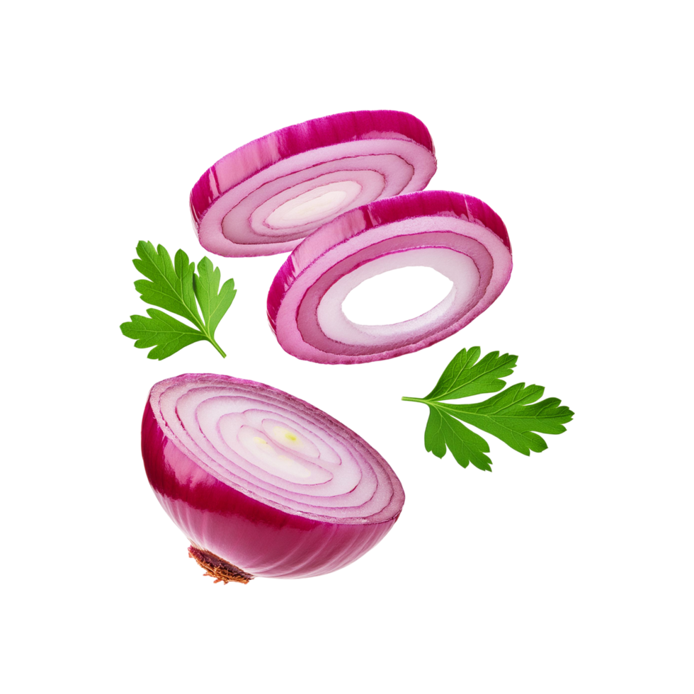Fresh sliced onion with green coriander leaf on transparent background png