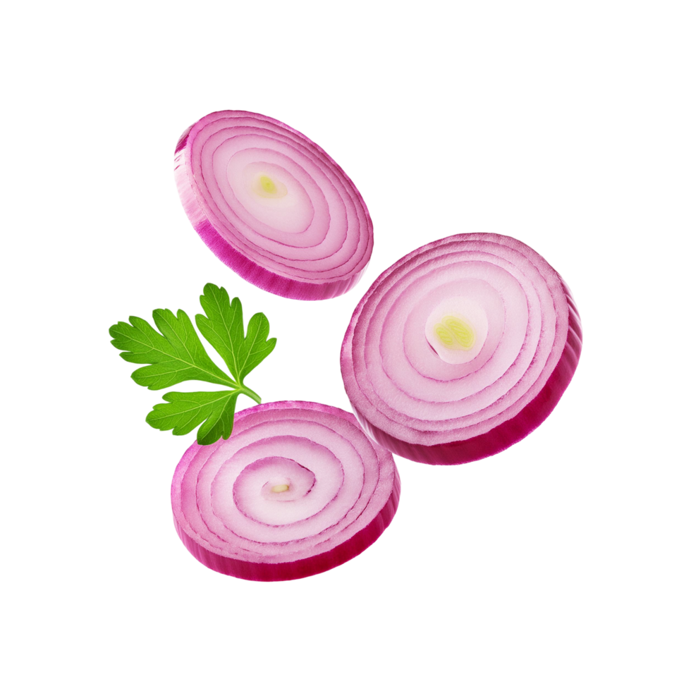 Sliced onion with green coriander leaf on transparent background png