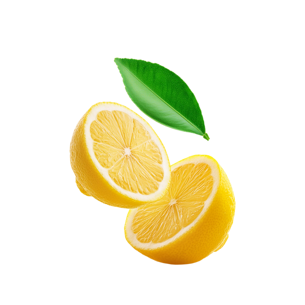 Half sliced yellow lemon fruit with green leaf on transparent background png