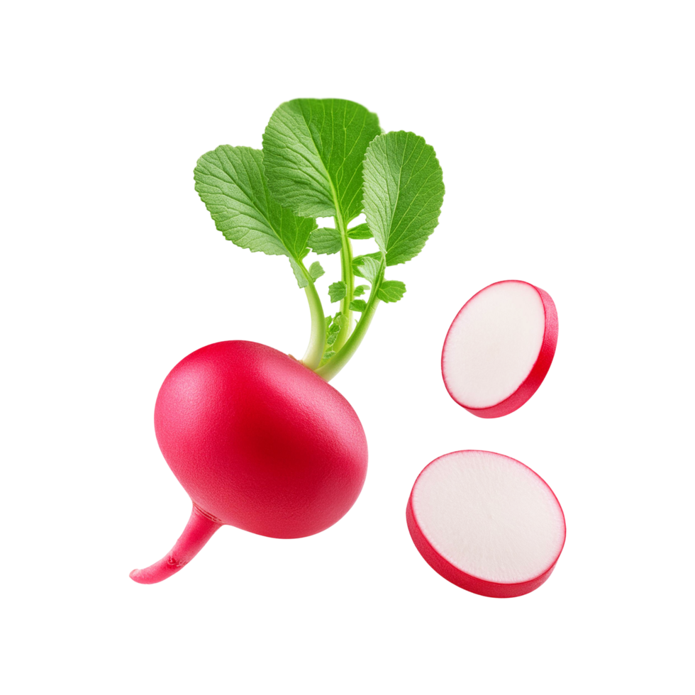 Whole and sliced red radish on transparent background png