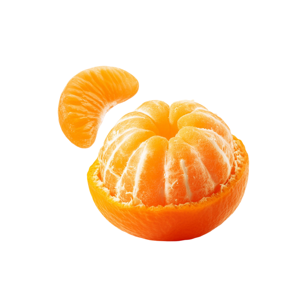 Peeled Mandarin orange fruit with slice on transparent background png