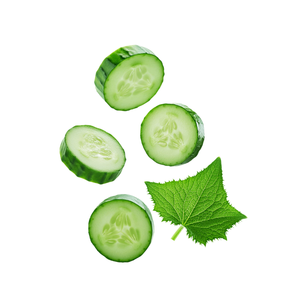 Fallen sliced cucumber with green leaf on transparent background png