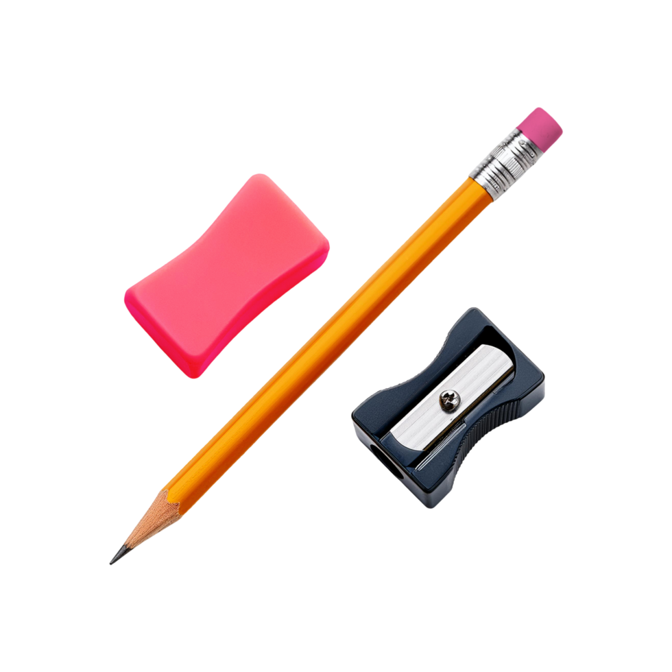 Pencil with eraser and sharpener on transparent background png