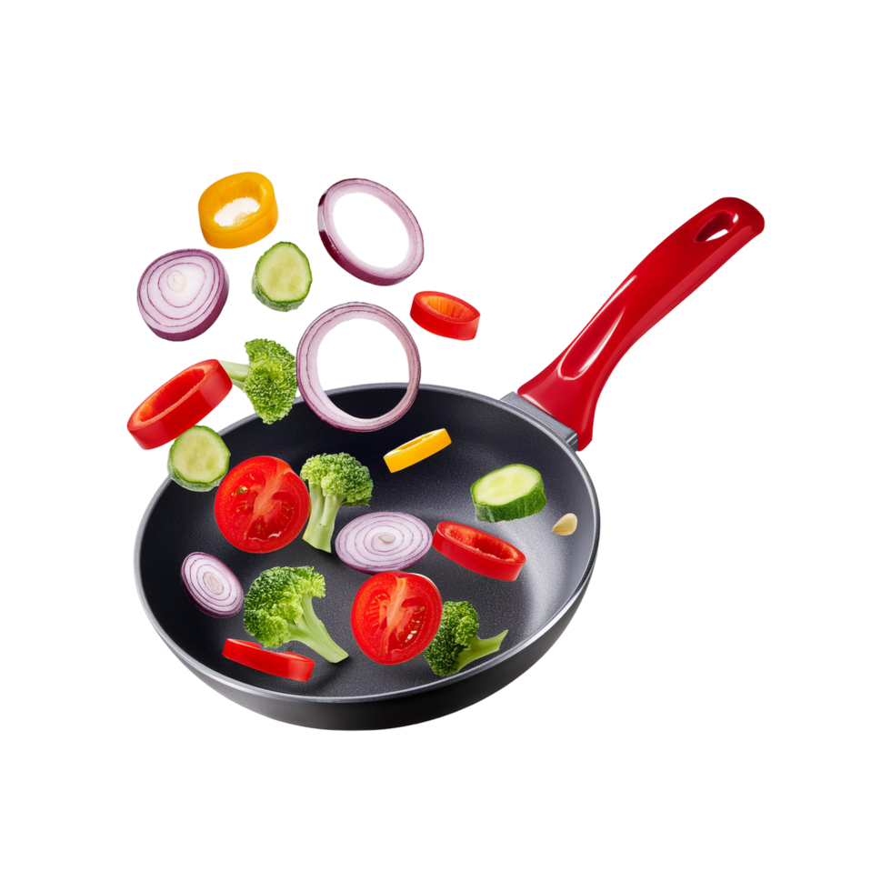 Red frying pan with falling sliced vegetable on transparent background png