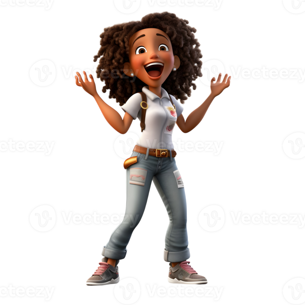 mignonne 3d dessin animé noir fille avec gros sourire et brillant yeux png