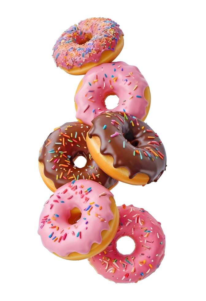 A Colorful Assortment of Glazed and Sprinkled Donuts, Suspended in Mid-Air png