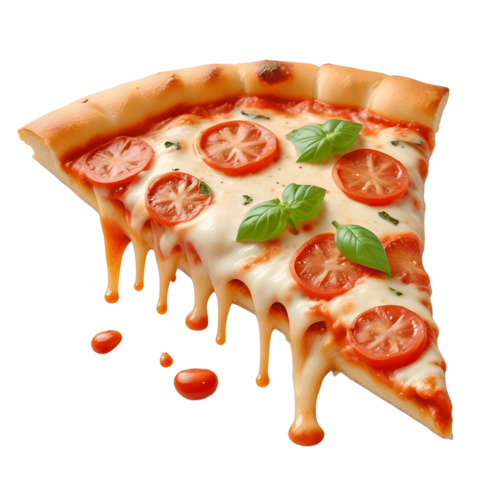 A Cheesy Tomato and Basil Pizza Slice With Melted Cheese Dripping Down png