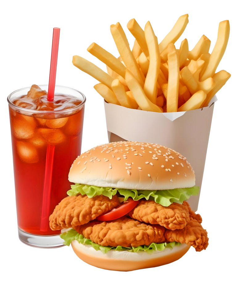A Classic Fast-Food Combo With a Crispy Chicken Burger, French Fries, and a Drink png
