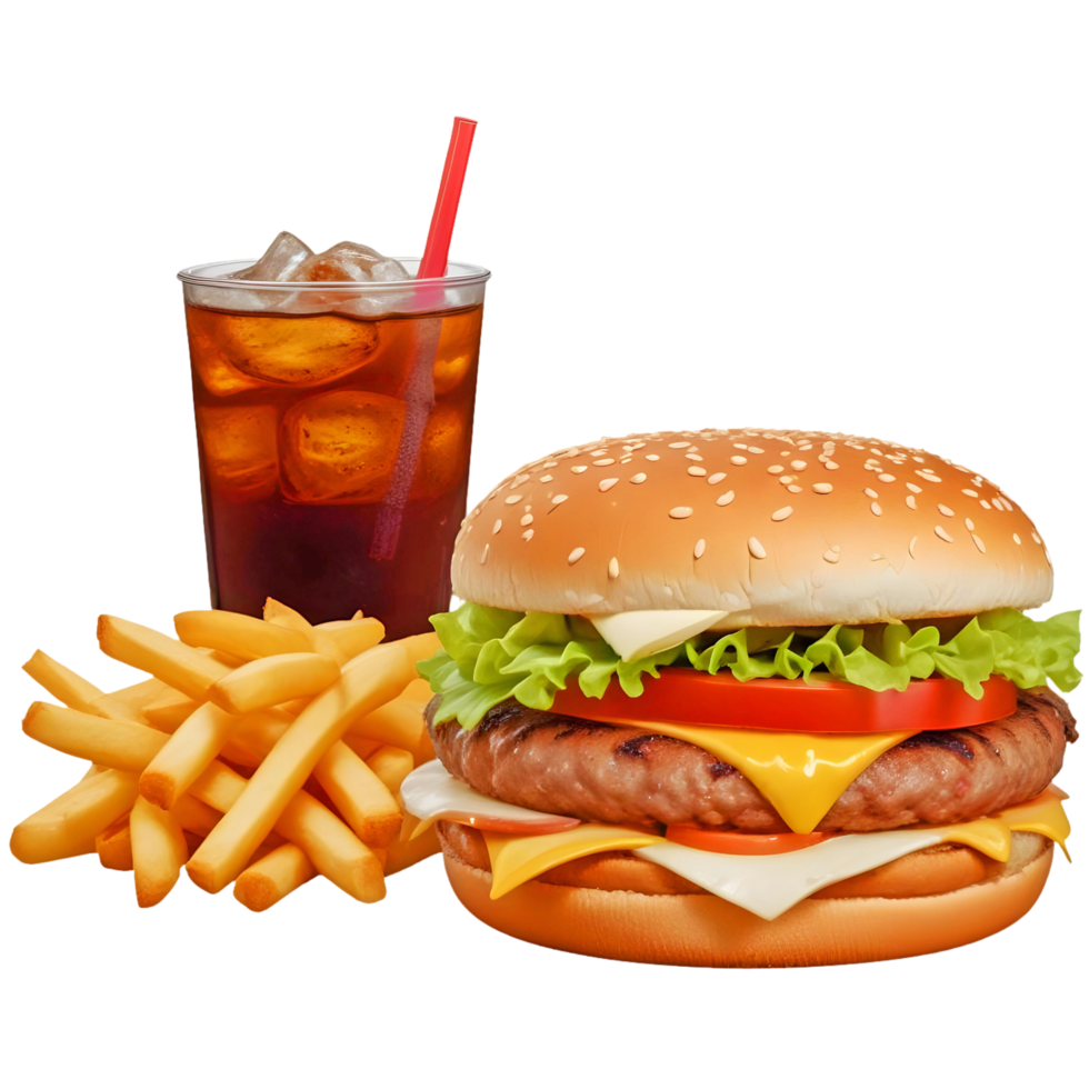 A Classic Cheeseburger, Crispy Fries, and a Cold Drink With Ice png