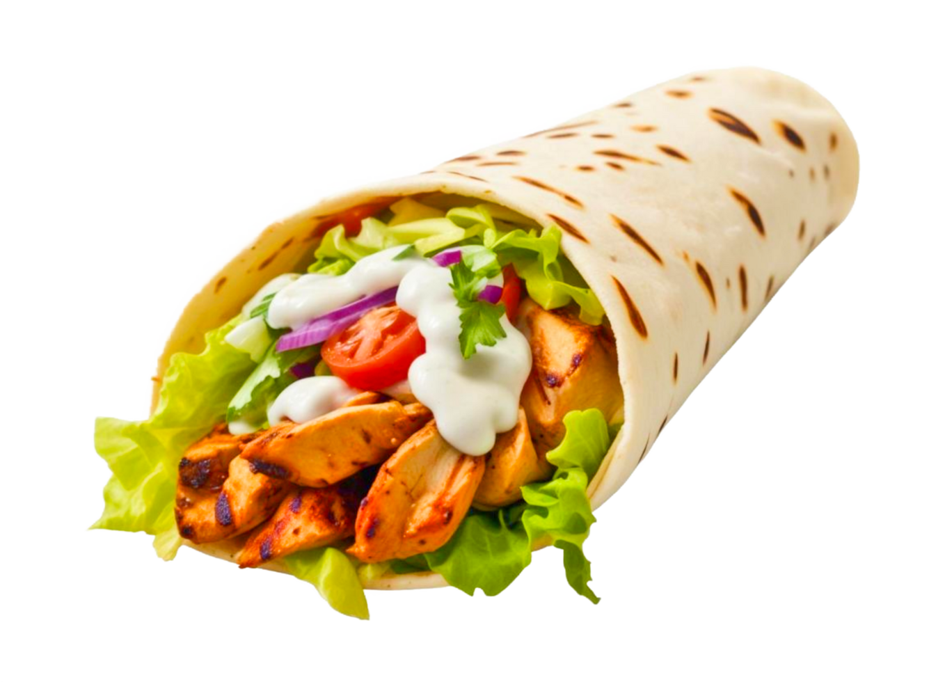 A Chicken Shawarma Wrap Filled With Grilled Chicken, Lettuce, Tomatoes, Onions, and a Creamy Sauce png