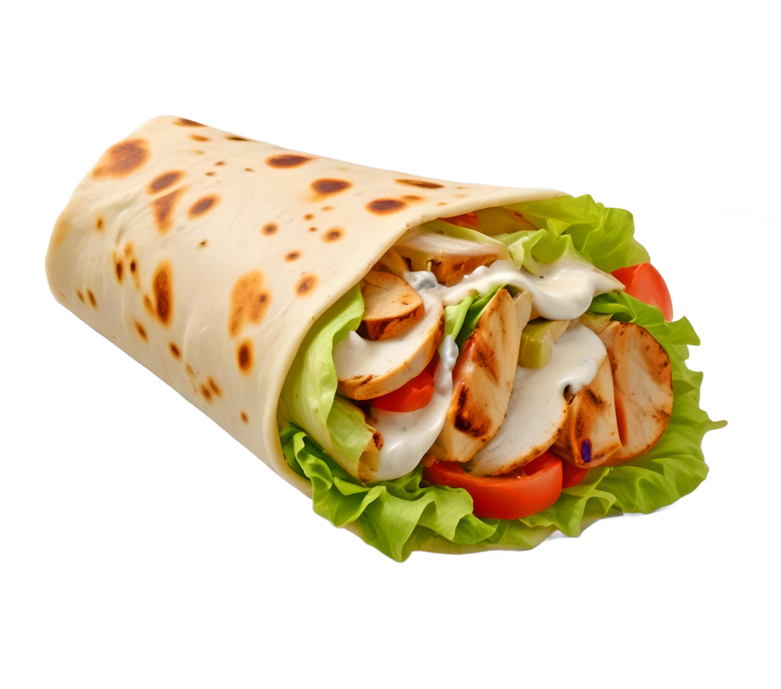 A Crispy Chicken Shawarma With Tortilla, Juicy Chicken, Vegetables, and Tangy Sauce png