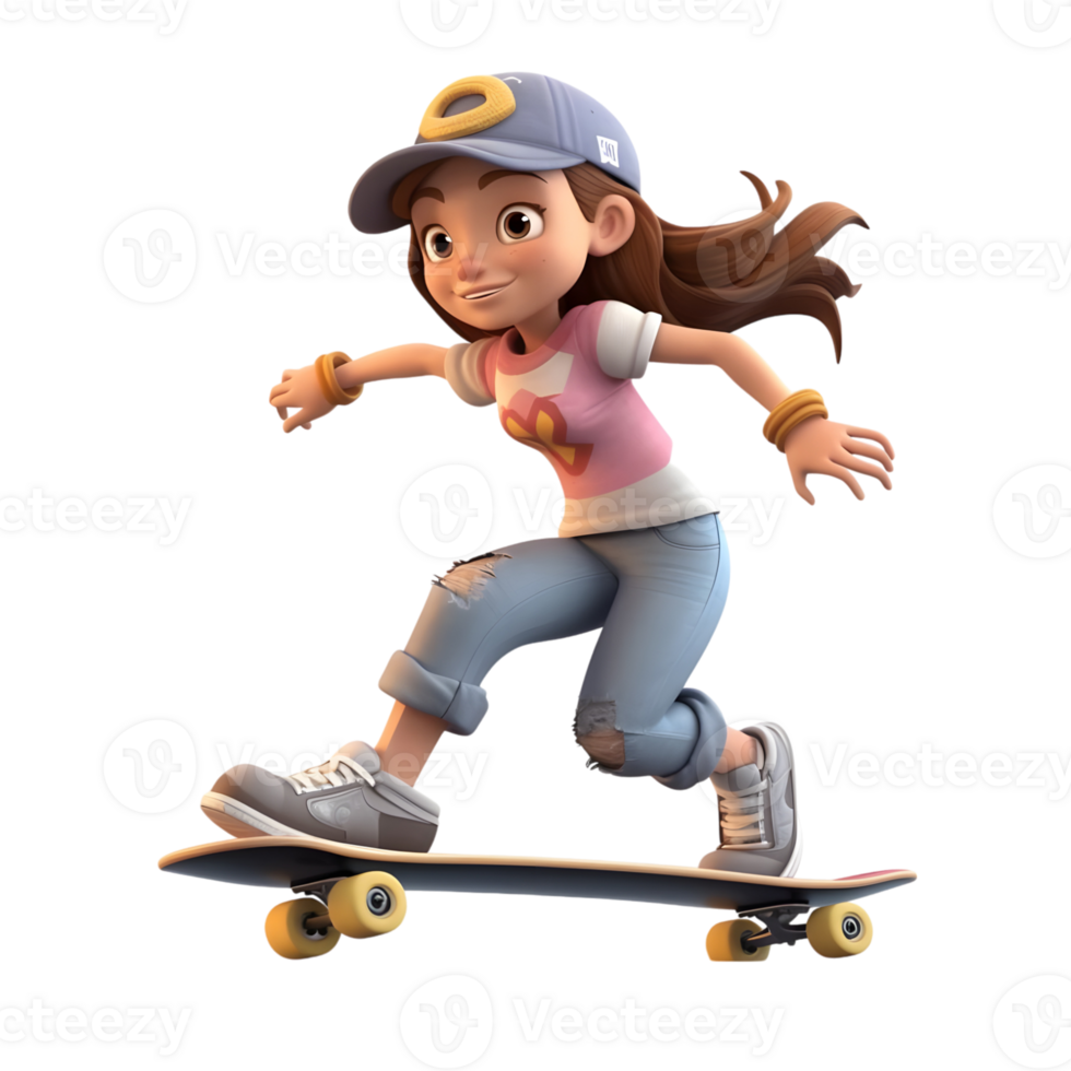 3D Cartoon Girl Skateboarding with Fun Pose and Dynamic Style png