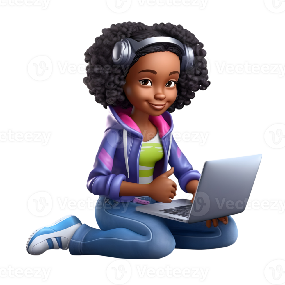 Charming Young Girl Working on Laptop with a Big Smile png