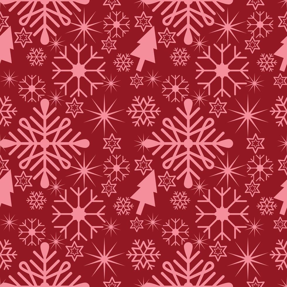 Holiday cheer pattern with classic Christmas motifs snowflakes, decorated trees, and festive silhouettes against a warm red background, versatile for greeting cards, seasonal designs, and home decor vector